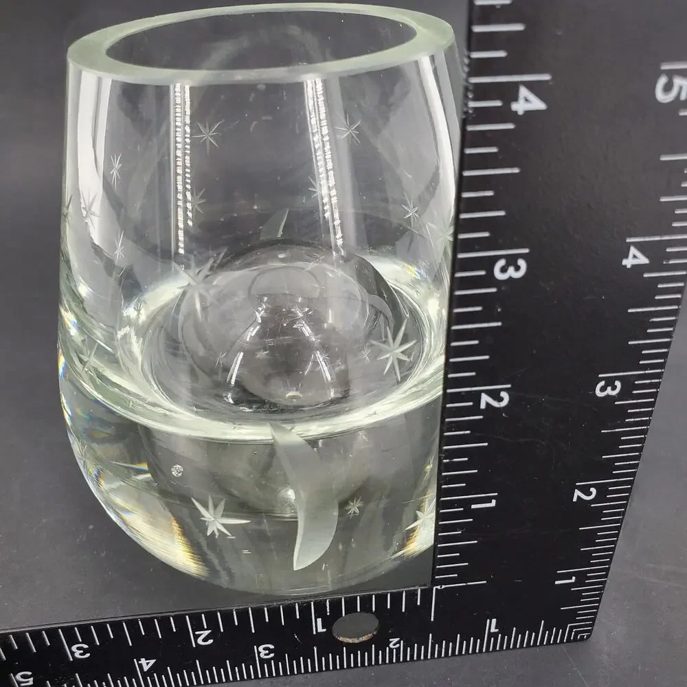 Blown Crystal Moon & Stars Etched Clear Bubbble Art Glass Vase MCM Poland 2 Side
